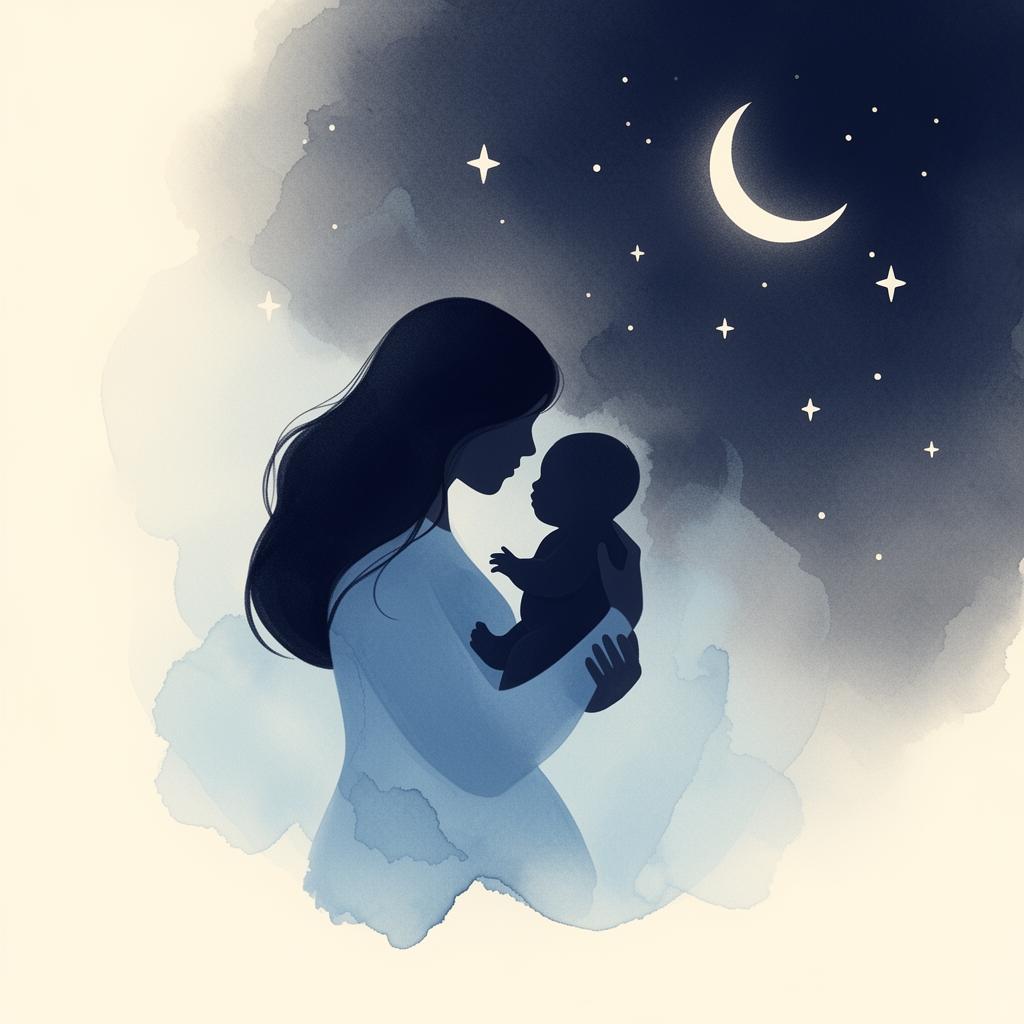 Ilustração suave de uma mãe abraçando seu bebê em tons de azul
